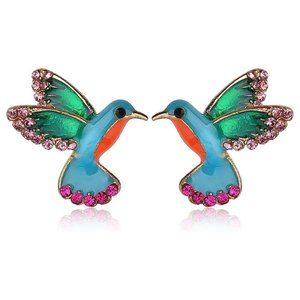 Hummingbird Bird Stud Earring Enamel Colorful  Crystal Metal Animal Earring